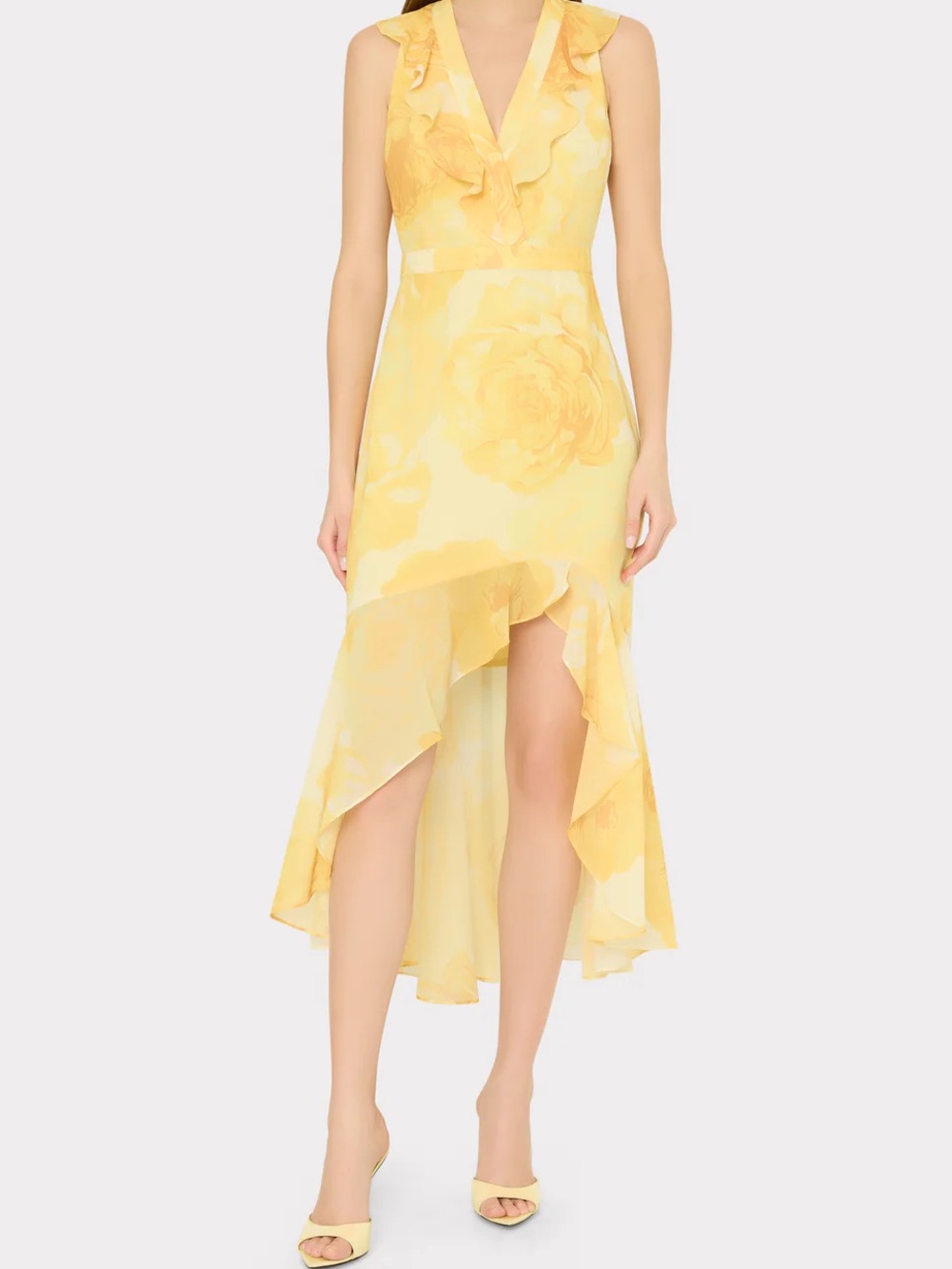 Milly Yellow Floral V-Neck Ruffle High-Low Midi Dress